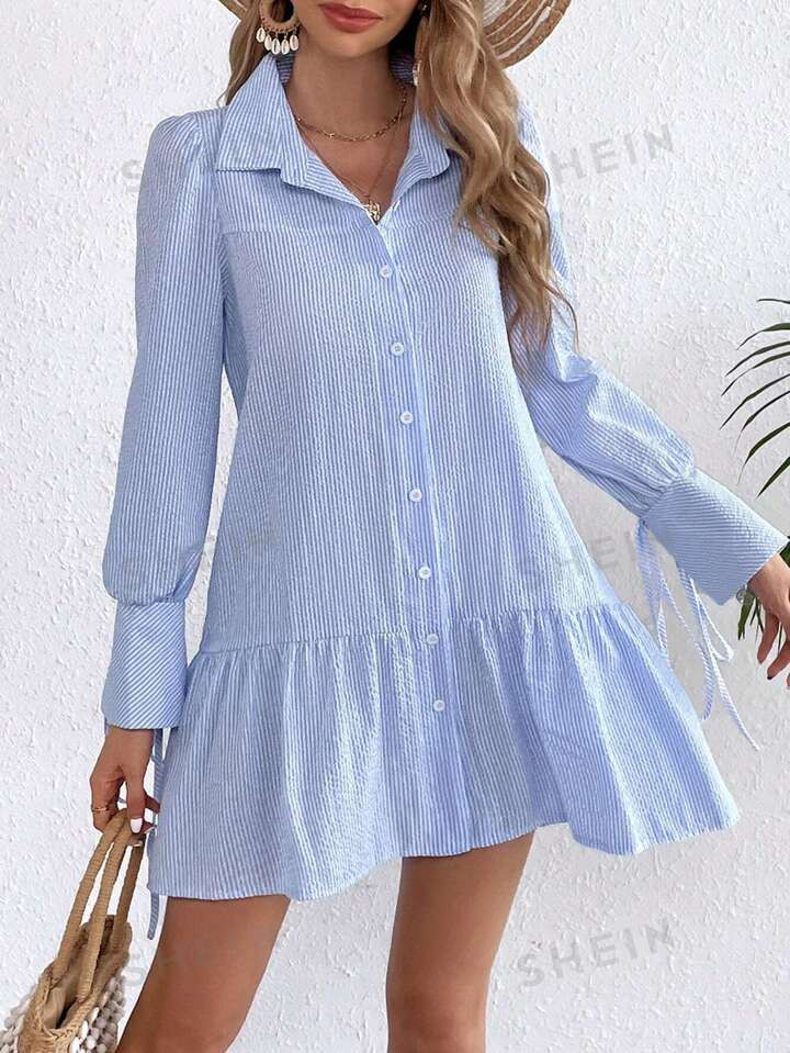 SHEIN VCAY Vestido smock con estampado de rayas amarre en manga bajo con fruncido | SHEIN
