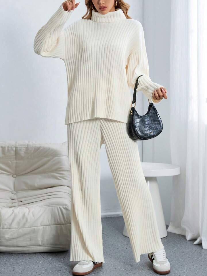SHEIN Essnce Turtleneck Drop Shoulder Sweater & Knit Pants | SHEIN