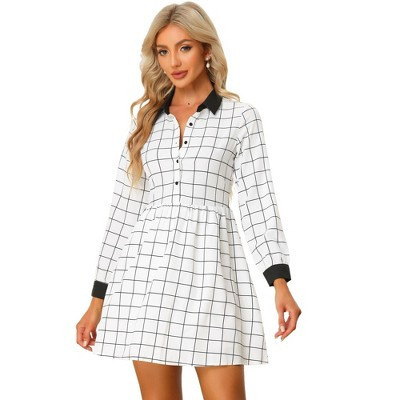 INSPIRE CHIC Women's Plaid Long Sleeve Button Contrast Point Collar Shirt Dress Small White | Target