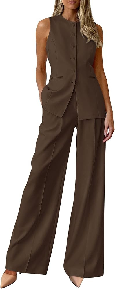 PRETTYGARDEN Women's 2 Piece Sets Summer 2026 Work Clothes Sleeveless Blazer Vest Pants Suits Spr... | Amazon (US)