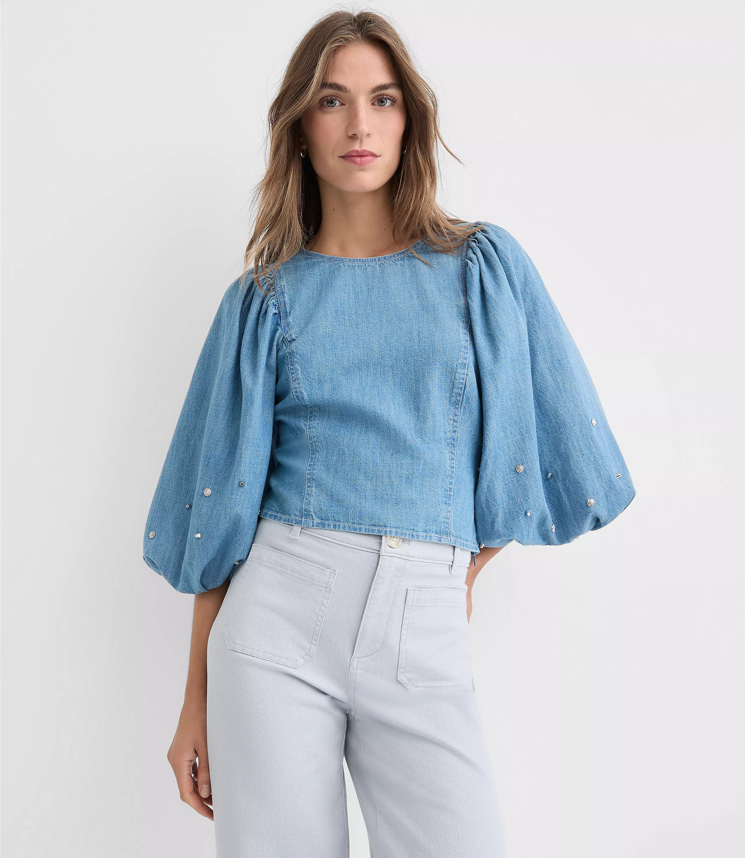 Studded Chambray Puff Sleeve Blouse | LOFT