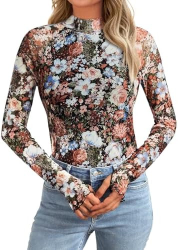 AUTOMET Lace Long Sleeve Floral Mesh Mockneck Going Out Tops for Women Fall Fashion Outfits 2025 | Amazon (US)