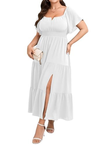 SCOMCHIC Womens Plus Size Maxi Dress Formal Short Sleeve Square Neck Smocked Side Split Flowy A L... | Amazon (US)
