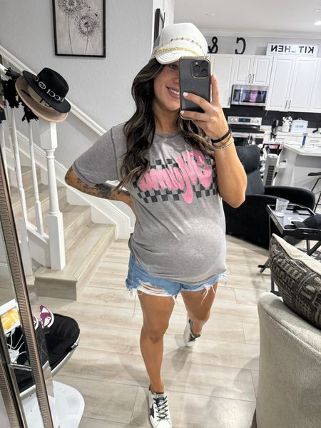 Mama Tee from Mtn movers 
Discount code “FFF20”
Size medium for the bump 
My favorite Levi shorts that are my true size but definitely not buttoned cause of the bump.. Golden Sneakers TTS 
Favorite trucker hat 

#LTKSeasonal #LTKstyletip #LTKbump