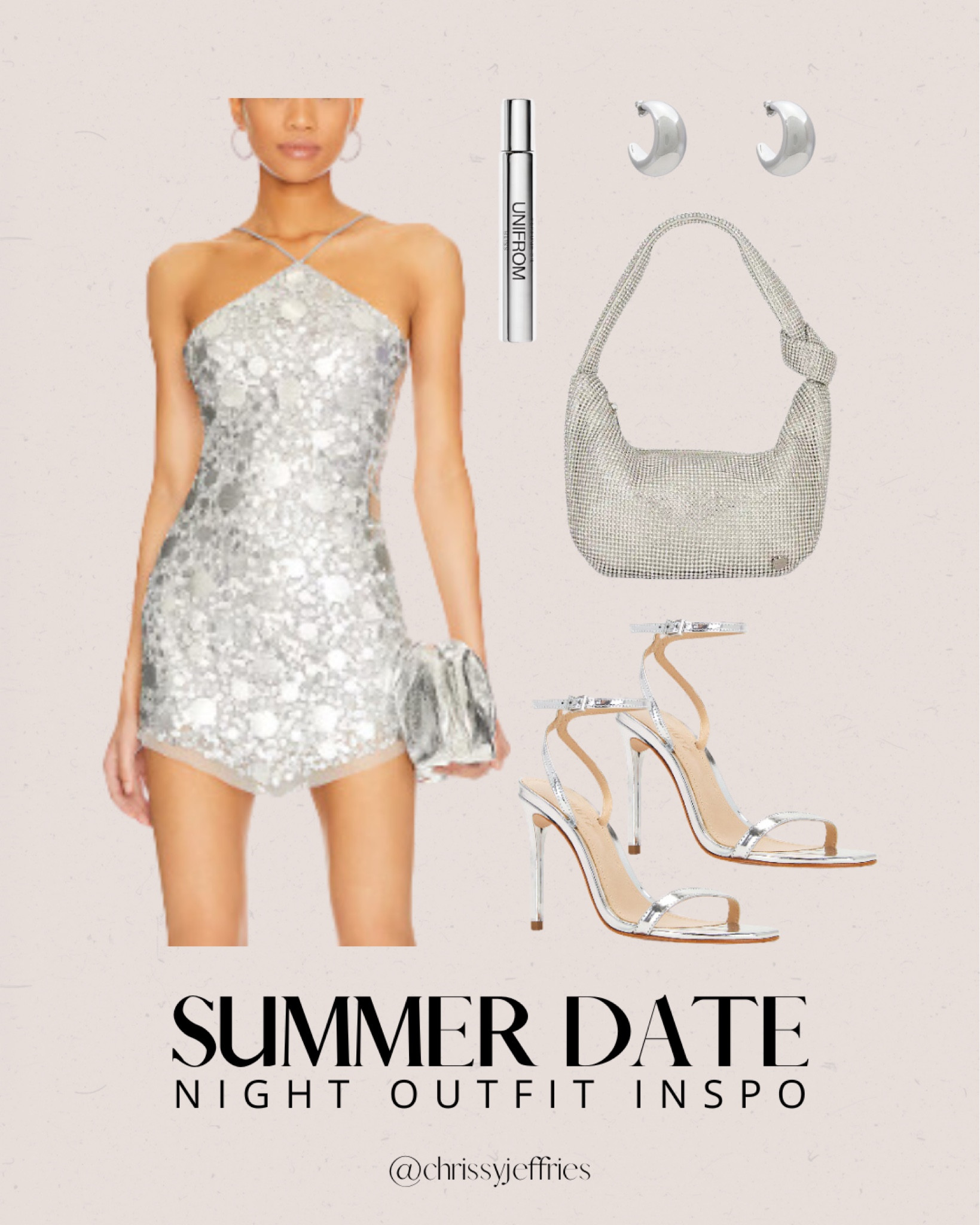 Shine bright on your summer date night with this sparkling and elegant outfit. The silver sequin mini dress adds a dazzling touch, perfect for a glamorous evening. Pair it with strappy silver heels, a chic silver bag, and sleek silver hoop earrings for a cohesive and stunning look. A light spritz of your favorite perfume completes the ensemble, making sure you feel confident and fabulous. 

#SummerDateNight #SparklingOutfit #GlamourFashion #ElegantStyle #EveningChic

#LTKpartywear #LTKsummer