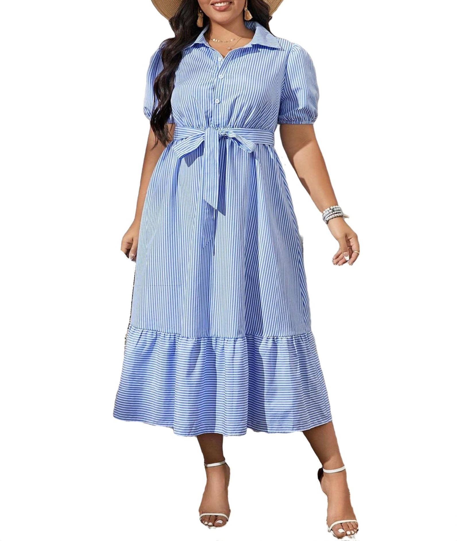 Women's Casual Striped Collar Blue and White Shirt Short Sleeve Plus Size Dresses 0XL - Walmart.c... | Walmart (US)