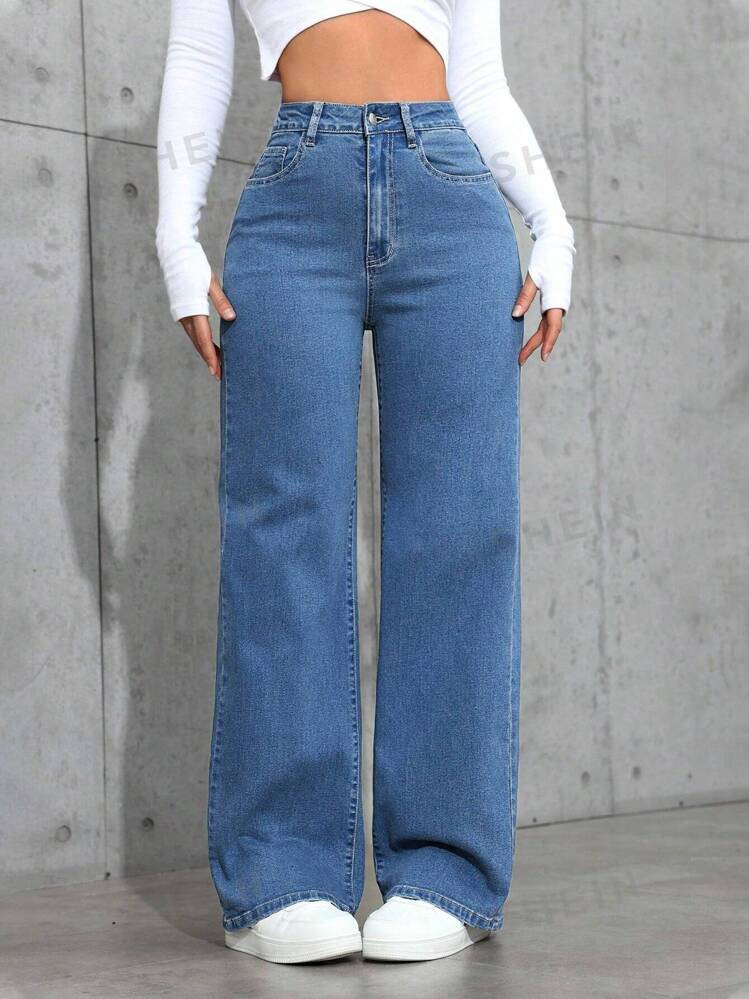 SHEIN EZwear Casual Washed Minimalist High Waist Straight Leg Jeans | SHEIN