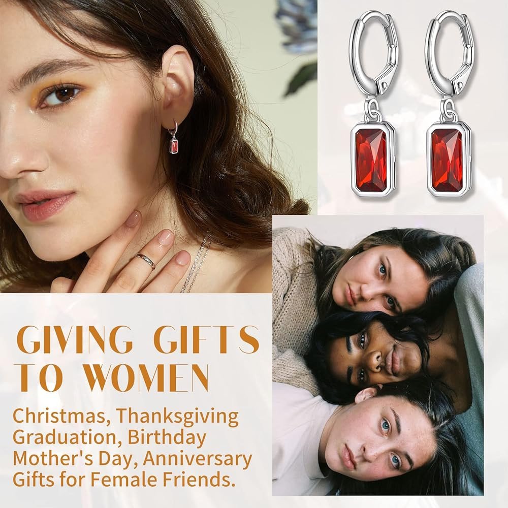 Suplight 925 Sterling Silver Emerald Cut Birthstone Hoop Dangle Earrings, Cubic Zirconia Crystal ... | Amazon (CA)