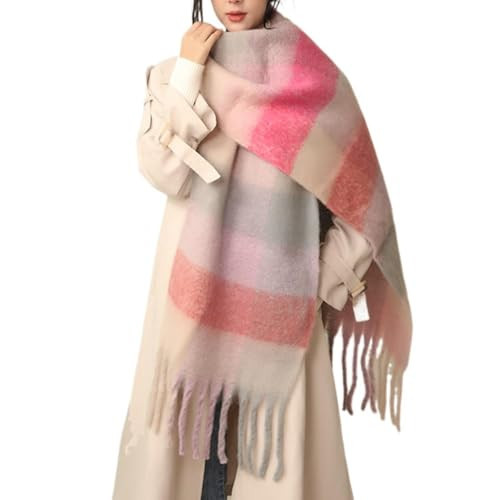 MININAI Chunky Winter Scarfs for Women Cold Weather Warm Knit Thick Plaid Scarf Long Large Oversized Checked Scarves (Pink&Rose) | Amazon (US)