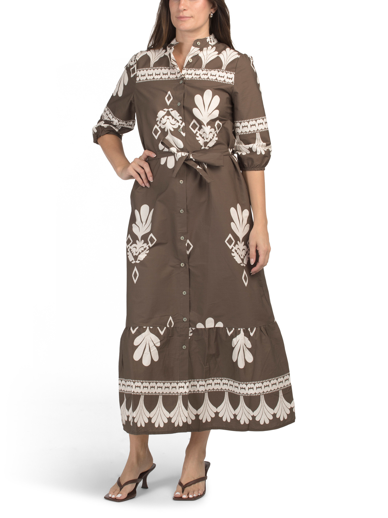 Made In Italy Three-quarter Sleeve Border Print Maxi Dress With Belt | Casual Dresses  | Marshall... | Marshalls