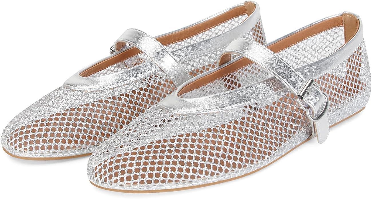 DOEYG Mesh Ballet Flats for Women Buckle Strap Comfy Casual Office Flat Heel Ballerina Shoes | Amazon (US)