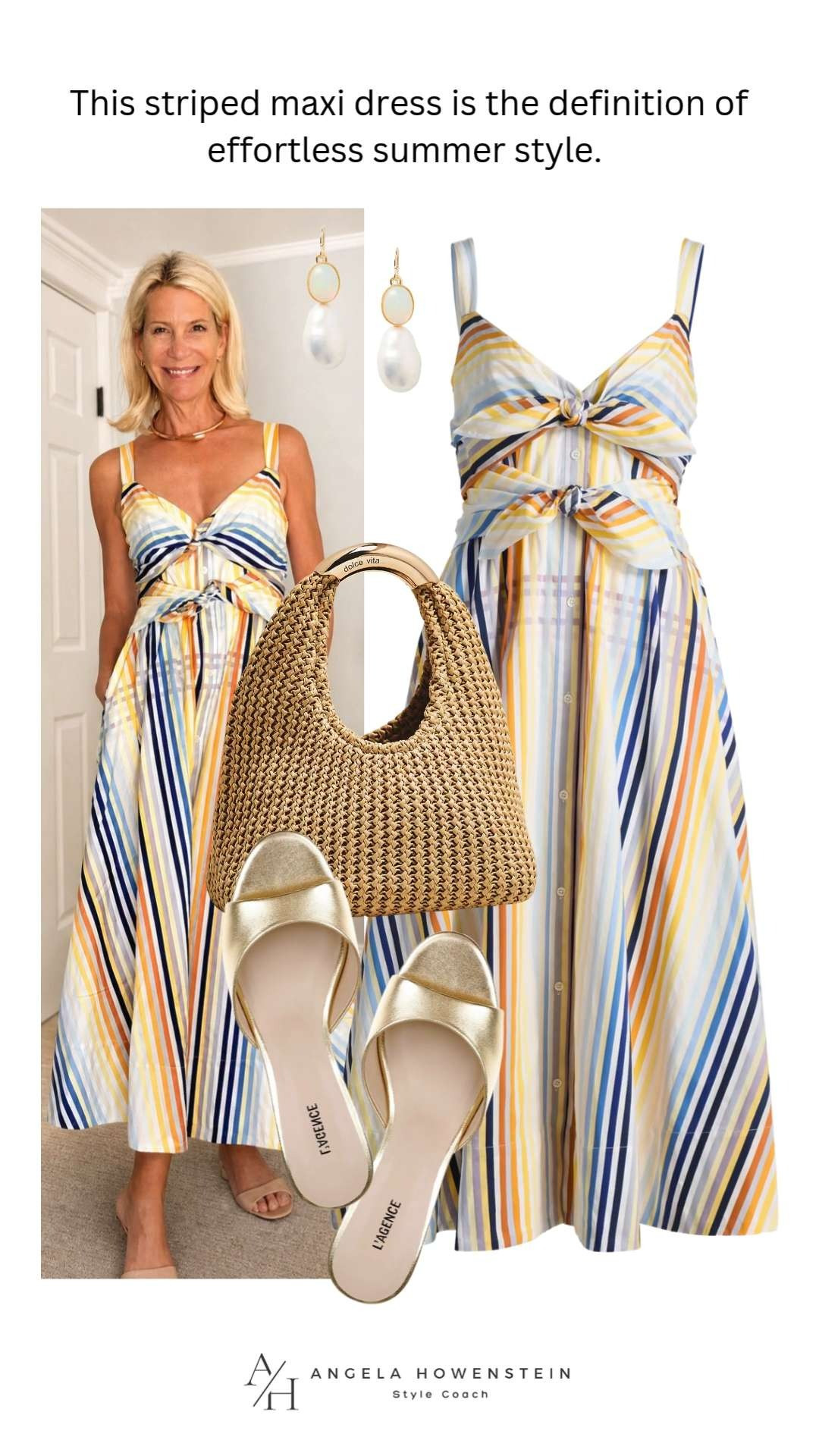 This striped maxi dress is the definition of effortless summer style. The flattering knot-front bodice, breezy silhouette, and colorful stripe print make it perfect for vacations, brunch, beach dinners, or summer parties. Styled with a woven bag and gold sandals, it's an easy outfit that looks polished the moment you put it on.

❤️ Heart = Support my posts
📌 Save = Summer outfit inspiration you'll wear on repeat
🛍️ Follow me on LTK for more timeless, effortless style. 

 #LTKootd #LTKSeasonal #LTKOver40