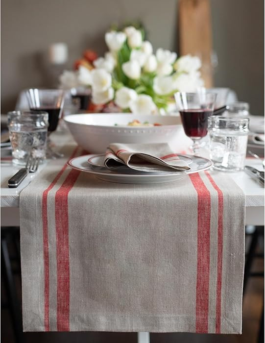 Solino Home Linen Table Runner 48 Inches - 100% Pure Linen Red and Natural French Stripe Table Ru... | Amazon (US)