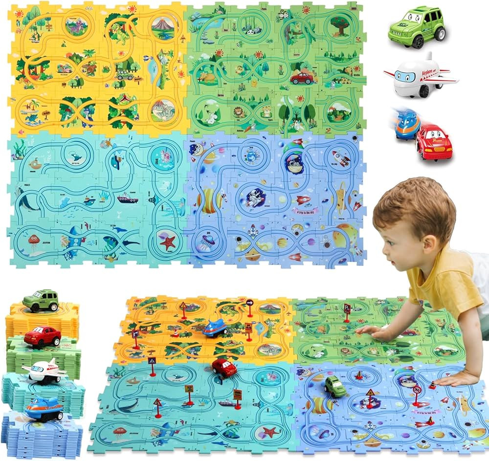 Puzzle Racer Kids Car Track Set Puzzle Racer Car Track Set with Roadmap Puzzle Track Car Play Set... | Amazon (US)
