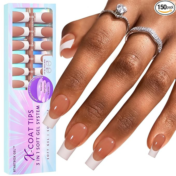 BTArtboxnails XCOATTIPS French Tip Nails, 150pcs Long Square Brown Press on Nails, Gel Nails for ... | Amazon (US)