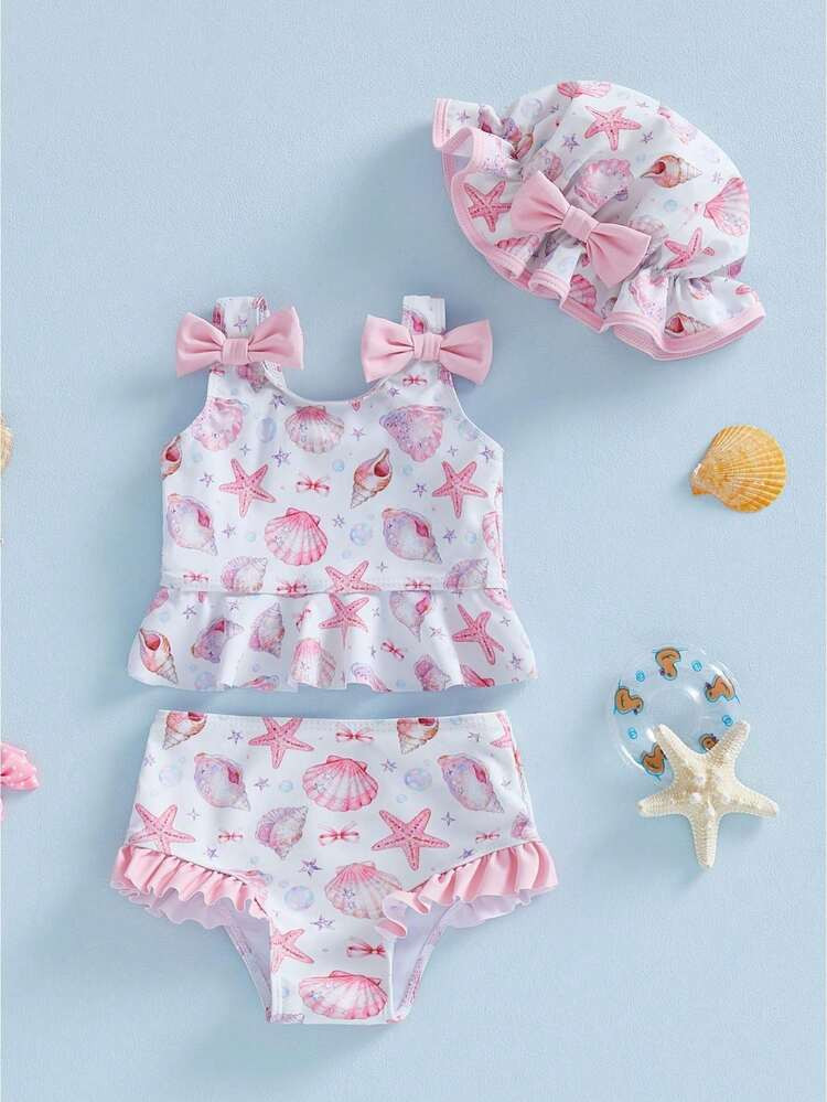 Infant Baby Girl Swimsuit Toddler Bathing Suit Sleeveless Bikini Top Ruffle Shorts With Hat Beach Swimwear | SHEIN
