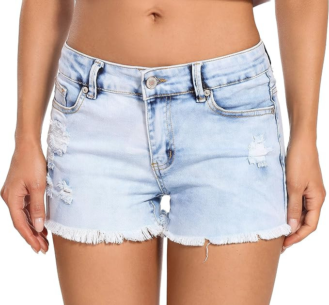 Foucome Women's Denim Shorts Summer Casual Low Waisted Frayed Raw Hem Ripped Denim Jean Shorts | Amazon (US)
