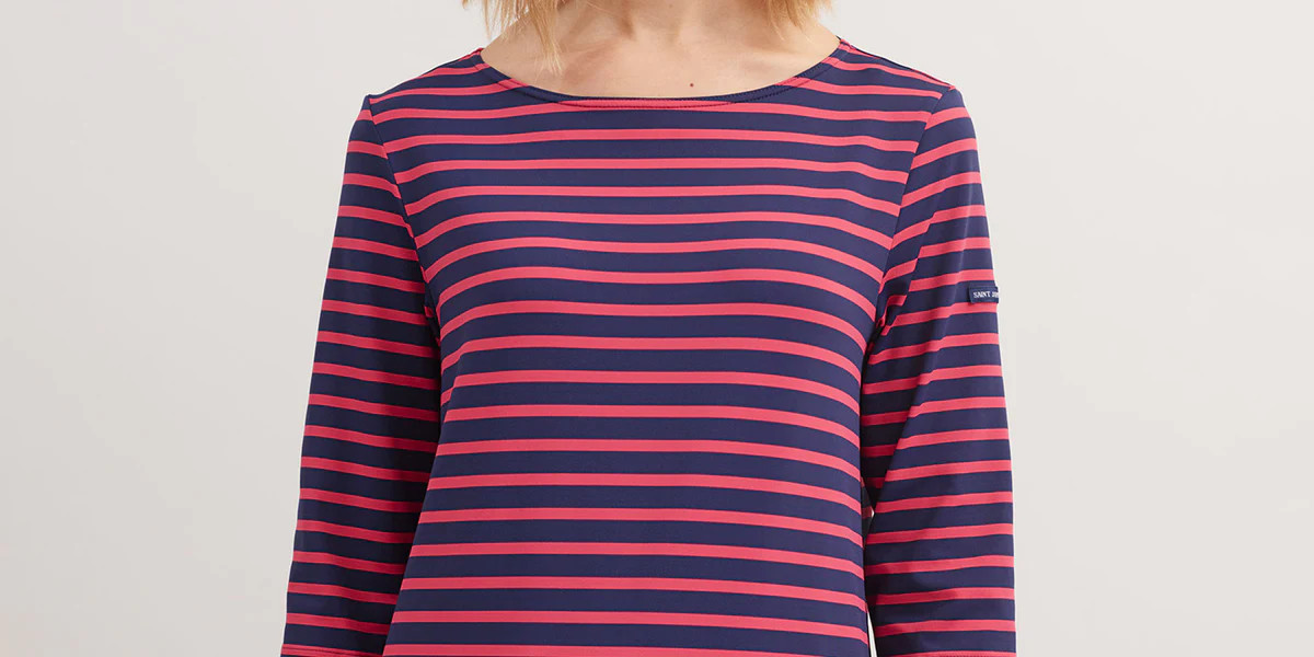 PHARE - Boat Neck Striped Tunic with Slits | Stretch fabric with UV Protection (NAVY / PINK) | Saint James USA