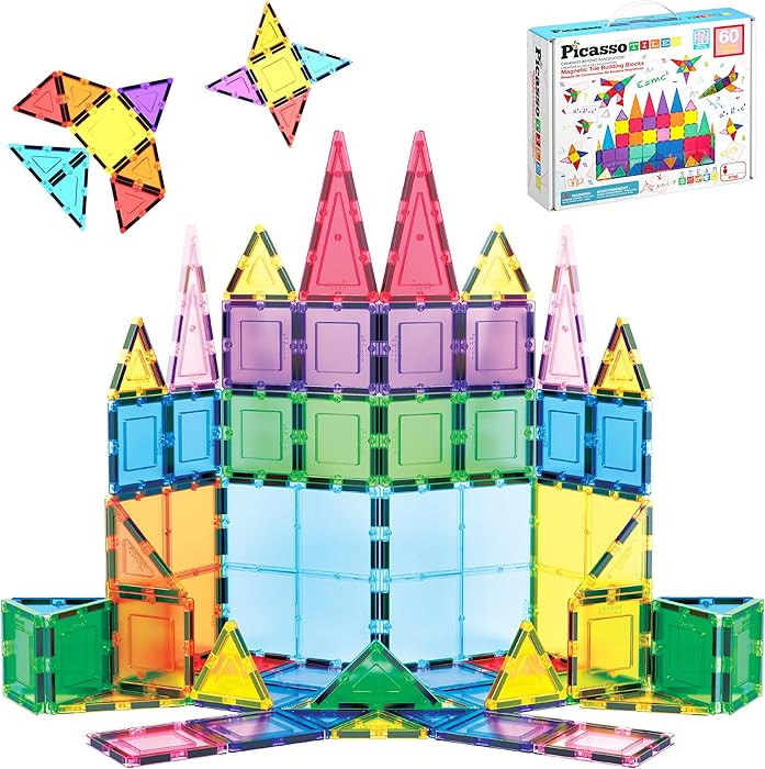 PicassoTiles 60 Piece Set 60pcs Magnet Building Tiles Clear Magnetic 3D Blocks Construction Playb... | Amazon (US)