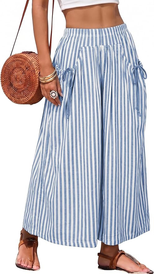 Athlisan Womens Striped Wide Leg Palazzo Pants Baggy Elastic Waist Lounge Trousers Beach Vacation... | Amazon (US)