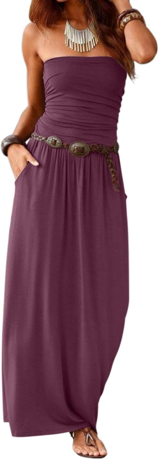 Women’s Strapless Bandeau Summer Long Floral Dress Off Shoulder Beach Maxi Dress with Pockets | Amazon (US)
