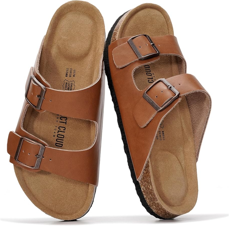 Project Cloud 100% Genuine Leather Flat Sandals For Women 2026 Cork Footbed Womens Sandals with M... | Amazon (US)