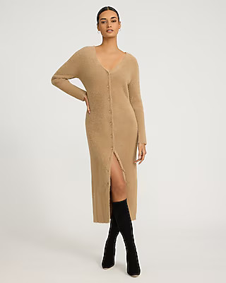 Fuzzy V-Neck Long Sleeve Button Front Midi Sweater Dress | Express