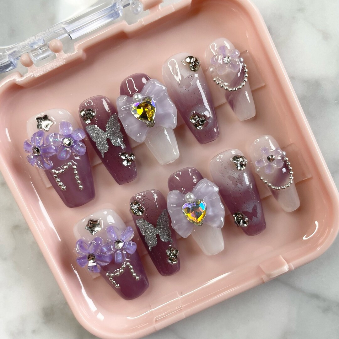 Purple and Silver Press On Nails with 3D Flowers and Bow Charms, Artistic Nails for Girls, Coffin... | Etsy (US)