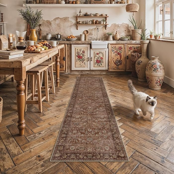 2'6''x8' Brick Red Vintage Floral Washable Runner Rug for Hallway | Amazon (US)