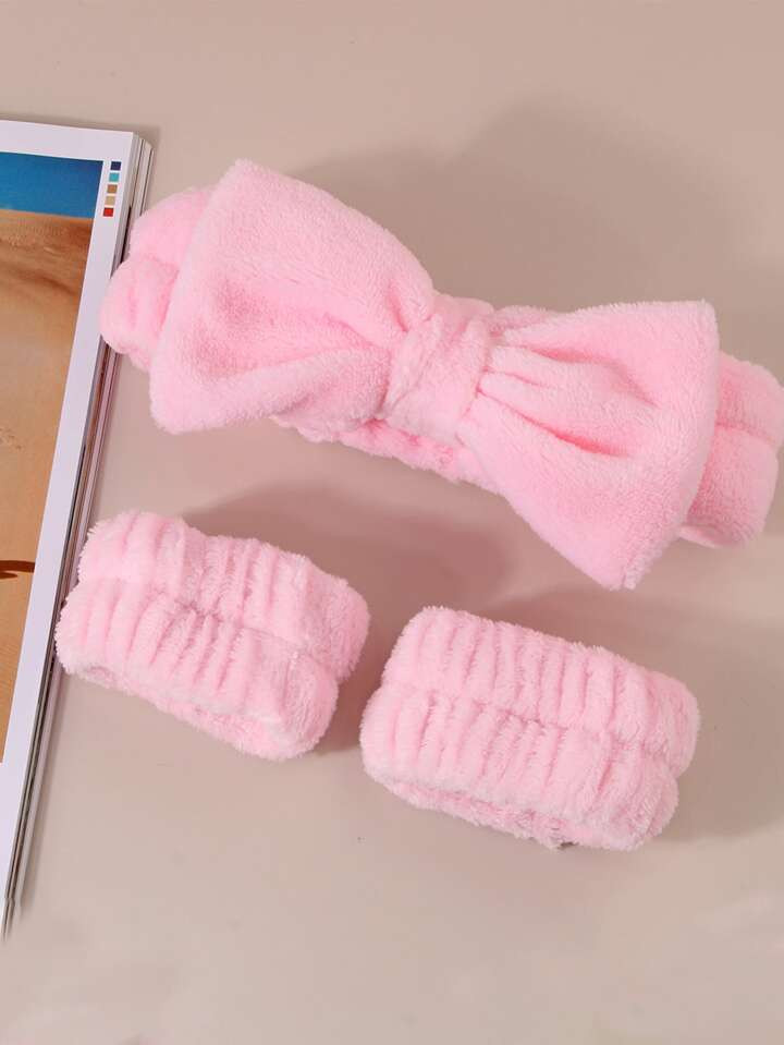 1 Set Pink Coral Fleece Wristband Set Including Facial Headband, Wristband And Hairband For Spa A... | SHEIN
