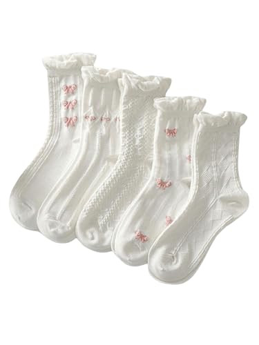 SHENHE Women's 5 Pairs Cute Ruffle Frilly Crew Socks Bow Print Knitted Mid Calf Socks | Amazon (US)