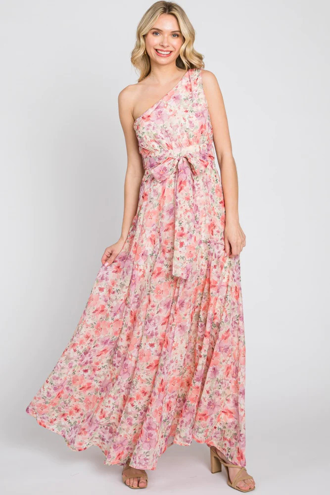 Pink Floral Chiffon One Shoulder Maxi Dress | PinkBlush Maternity