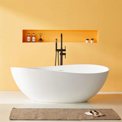 63" x 37" Freestanding Soaking Solid Surface Bathtub Stone Resin Bath Tub with Overflow, Pop-up Drain for Bathroom, Matte White/Black | Wayfair North America
