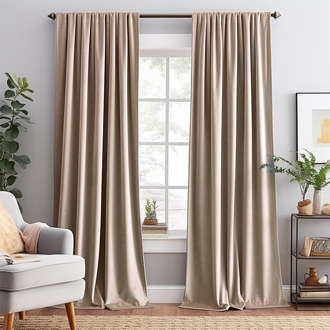 Lazzzy Velvet Blackout Curtains Beige Thermal Insulated Curtains 96 Inches Long Room Darkening Wi... | Amazon (US)