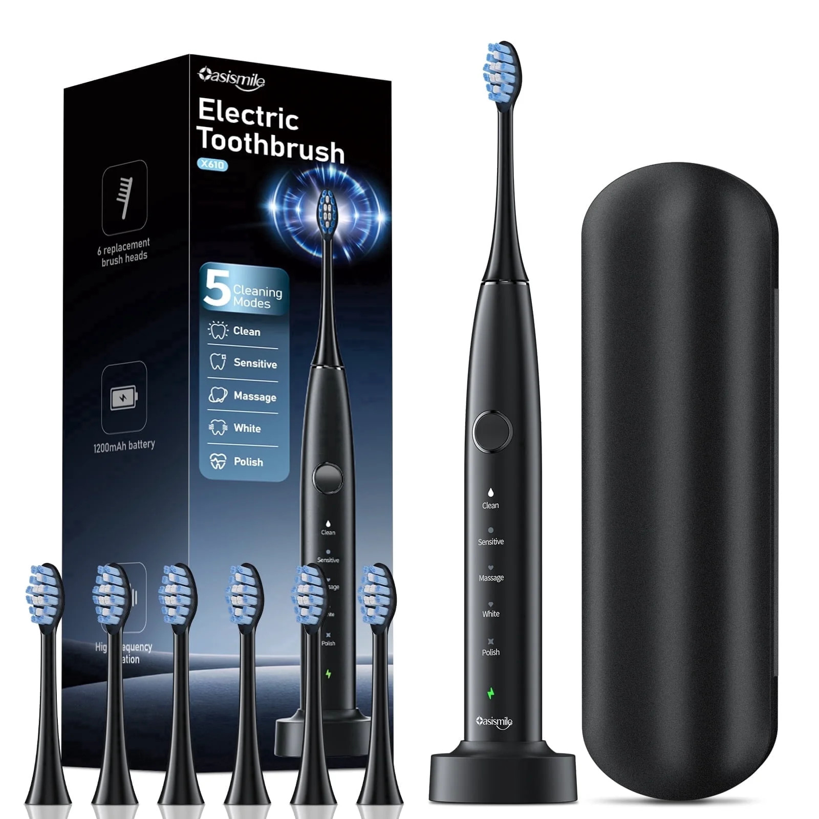 OasiSmile Sonic Electric Toothbrush Set for Adults with Travel Case, 6 Brush Heads, 100-Day Batte... | Walmart (US)