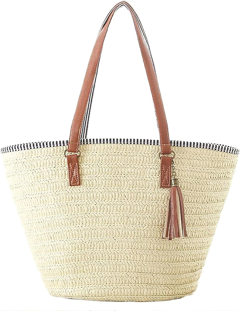 Straw Beach Bag Tote with Shoulder Straps and Zip Closure Blue & White Striped Lining and Tassel ... | Amazon (US)