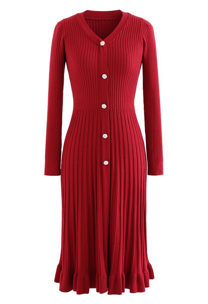Button Front Ribbed Knit A-line Midi Dress in Red | Chicwish