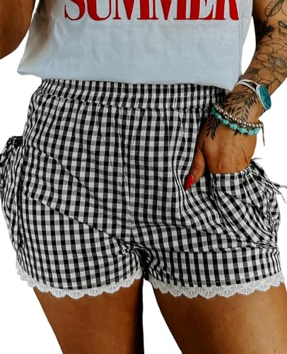 Women's Plaid Shorts Shorts Lace Trim High Waist Drawstring Lounge Shorts Gingham Y2K Beach Trendy Bottoms Black | Amazon (US)