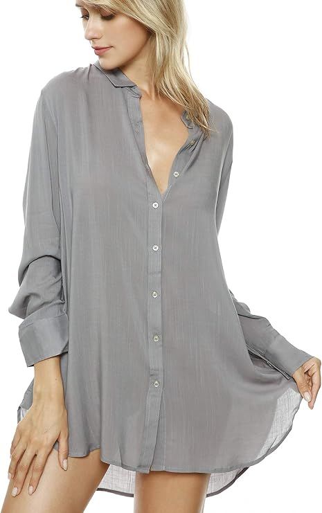 TOUSYEA Sleep Shirts for Women Button Down Shirts Long Sleeve Sleepwear Swimsuit Cover Ups Soft P... | Amazon (US)