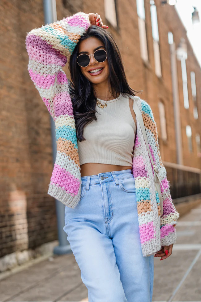 Forgot You Existed Pink, Orange, and Yellow Multi Striped Cardigan | Pink Lily