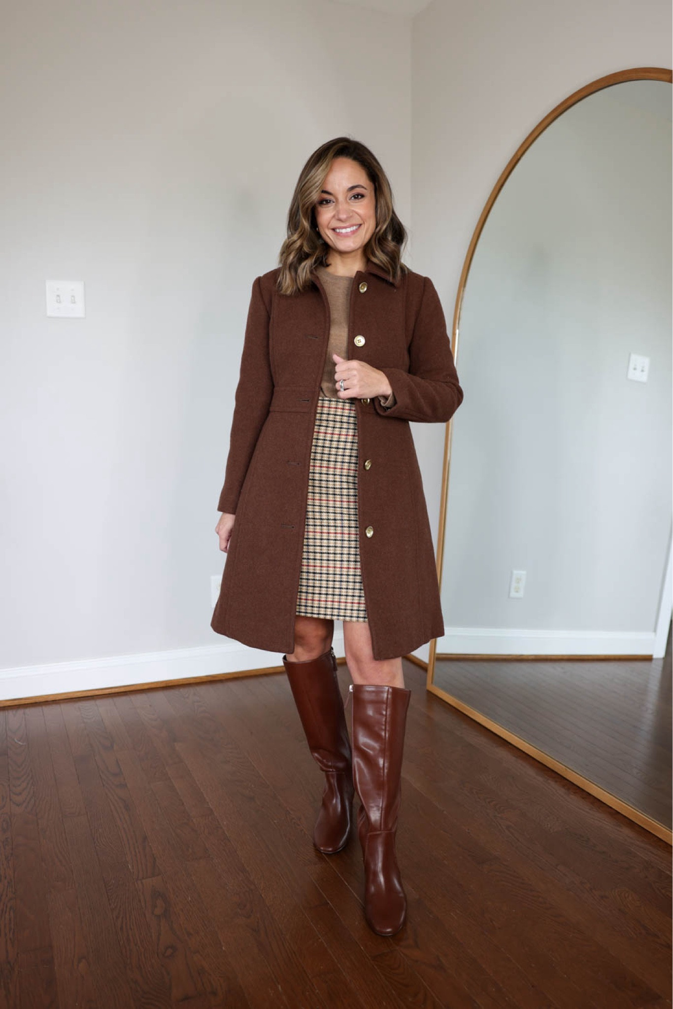 Petite-friendly coats 

J.Crew Factory Lady Day Coat (brown coat): petite 00 
Plaid skirt (banana republic factory):  00 
Camel sweater (quince): xs 
Boots tts 


My measurements for reference: 4’10” 105lbs bust, waist, hips 32”, 24”, 35” size 5 shoe. 25” inseam measurement to my ankle bone. 
