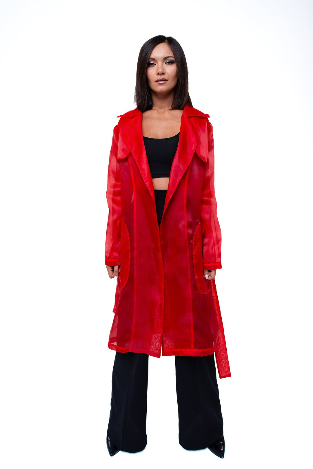 Red Organza Trench Coat. Fashion Design Clothes. Belted Organza Coat. - Etsy | Etsy (US)