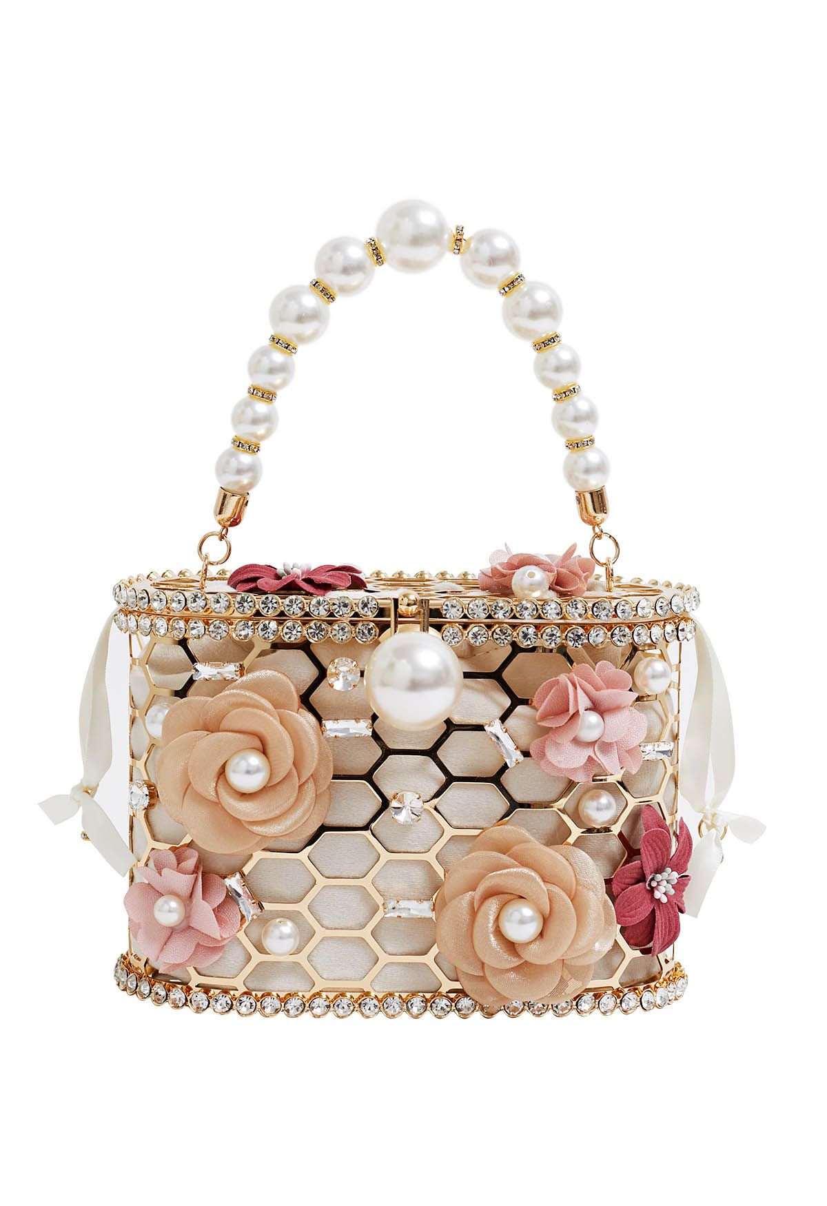 3D Floral Rhinestone Pearl Hollow Out Handbag | Chicwish