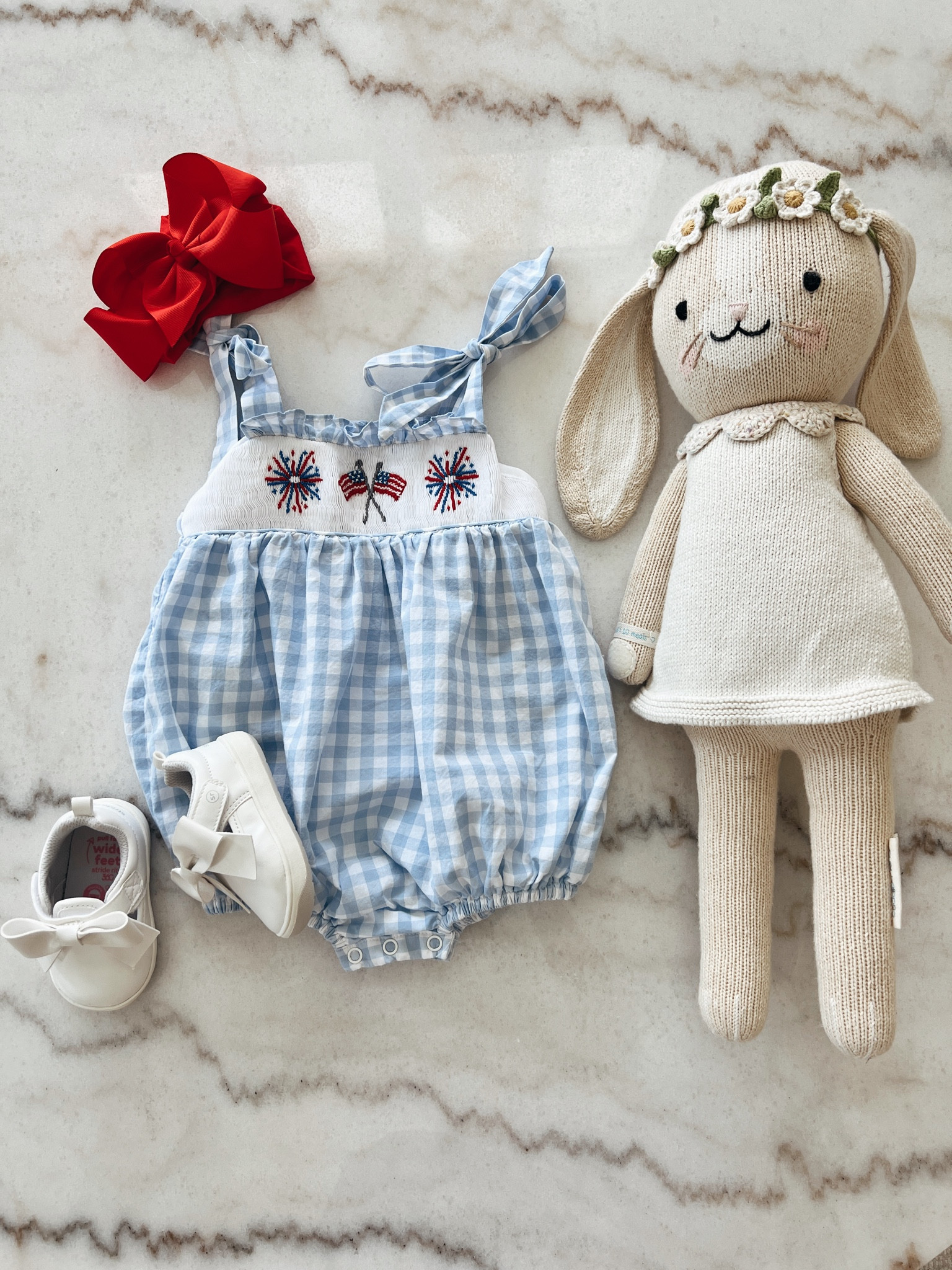 Baby girl patriotic Americana outfit perfect for Memorial Day weekend or Fourth of July! Love this gingham smocked bubble romper with tie straps. These stride rite shoes are a favorite for when she’s out and on her feet  

#LTKBaby #LTKSeasonal