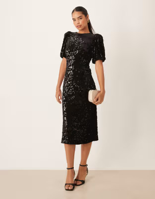 YAS puff sleeve sequin midi dress in black | ASOS (Global)