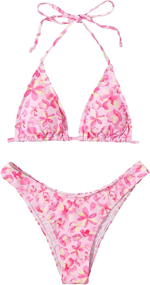 Amazon.com: SOLY HUX Women's Floral Print Halter Triangle Tie Side Bikini Bathing Suits 2 Piece S... | Amazon (US)