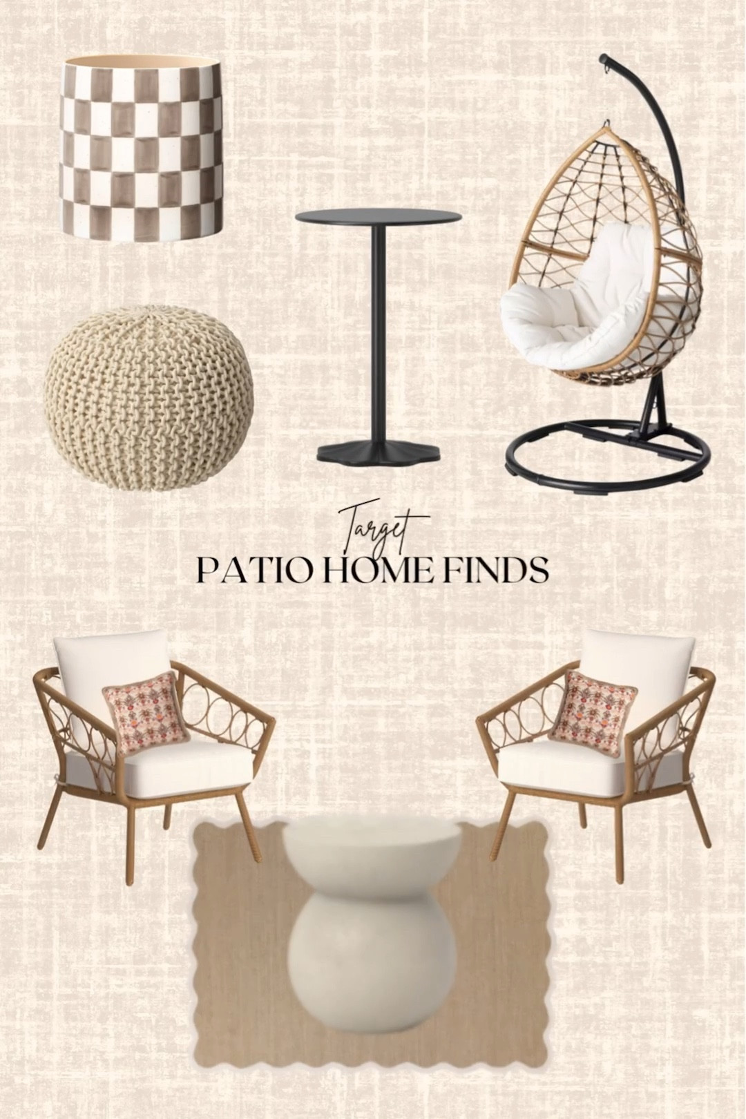 Target Patio Home finds! 

Egg chair, patio chairs, rug, table, pillows, planter 

#LTKSaleAlert #LTKSeasonal #LTKHome