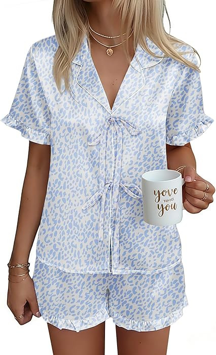 Ekouaer Satin Pajama for Women Short Sleeve Silky Pj Short Set Bow Front Tie Up Loungewear Sleepw... | Amazon (US)