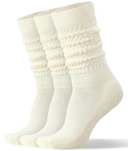 AugRing Womens Slouch Sock Scrunch Socks Retro Knee High Socks Soft Stack Chunky Cozy Boot Socks For Women Size 6-11 (3 Pairs Beige) | Amazon (US)