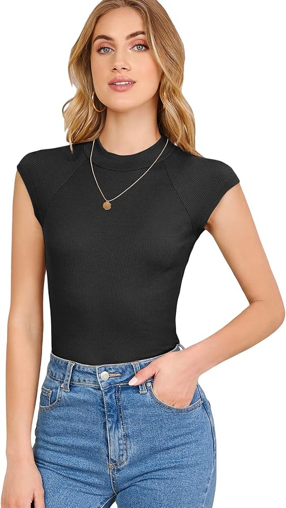 Verdusa Women's Cap Sleeve Tee Top Mock Neck Slim Fitted Ribbed T Shirts | Amazon (US)